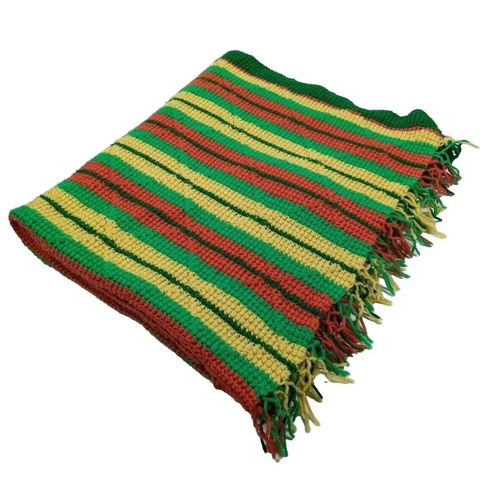 Handmade‎ Crochet Throw Blanket Afghan – Orange Yellow Green Striped w/ Fringe